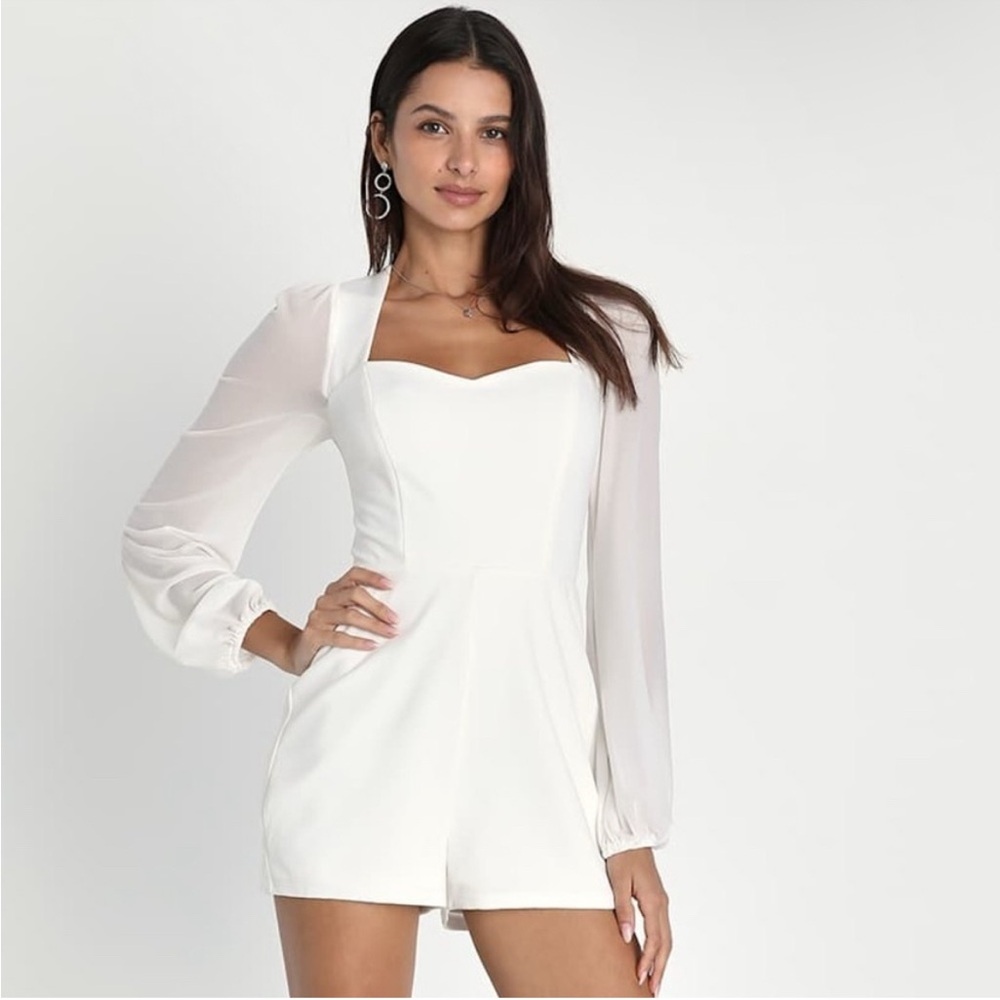 Lulus White sheer Long Sleeve Sweetheart Romper Bridal spring party Size Large